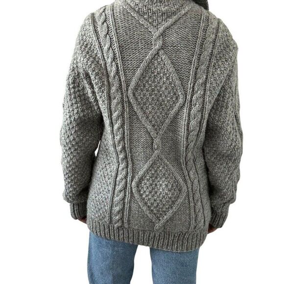 Vintage Mens Ecuadorian Hand Knit Gray Cable Knit Fisherman Chunky Cardigan Sz L - Picture 5 of 5